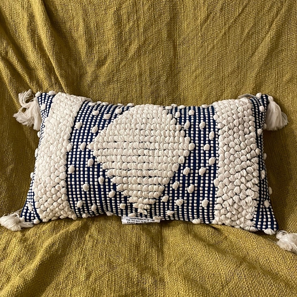 Rectangle navy and white knit throw pillow